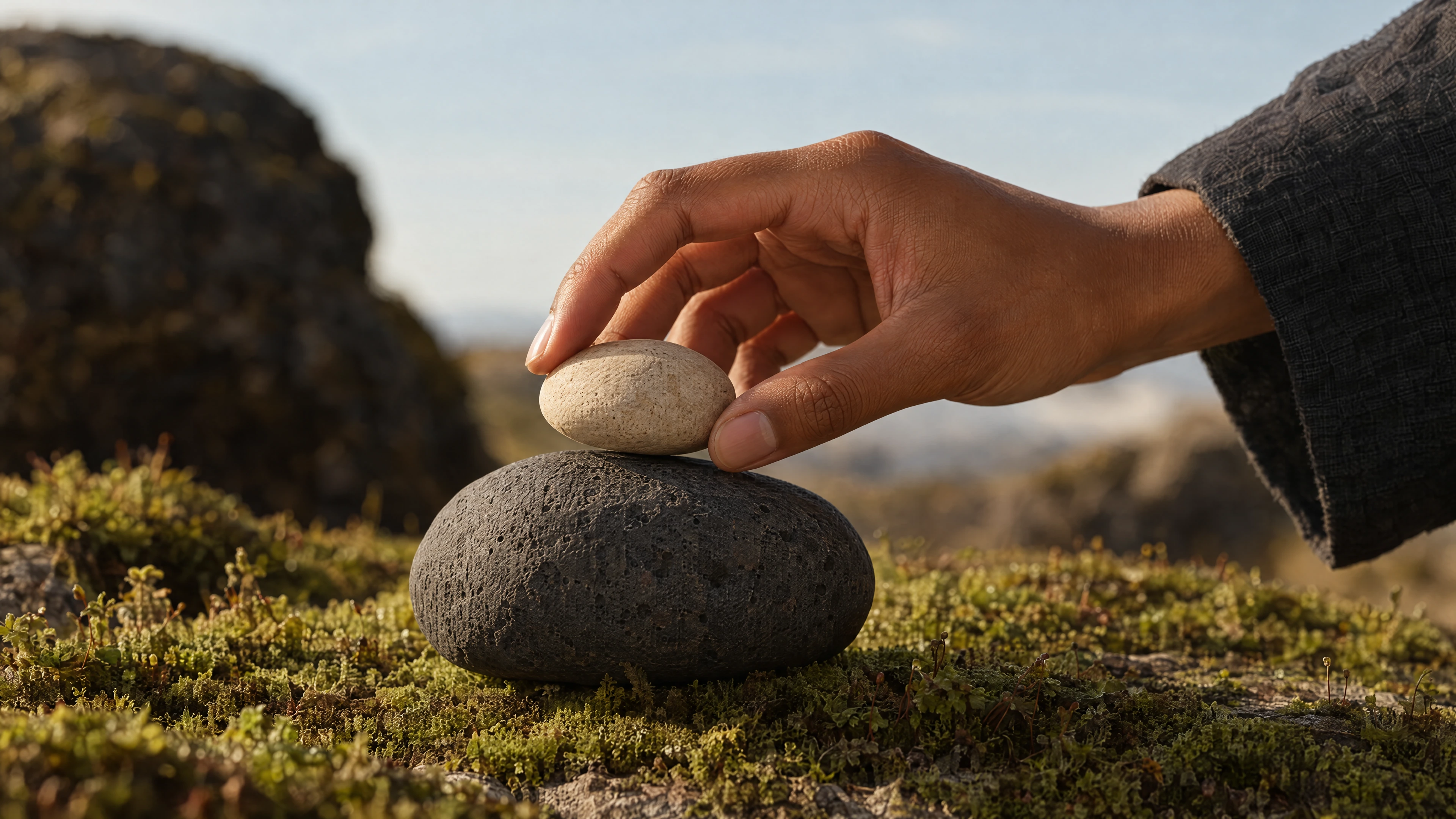 A hand balancing a small limestone pebble above basalt and moss.