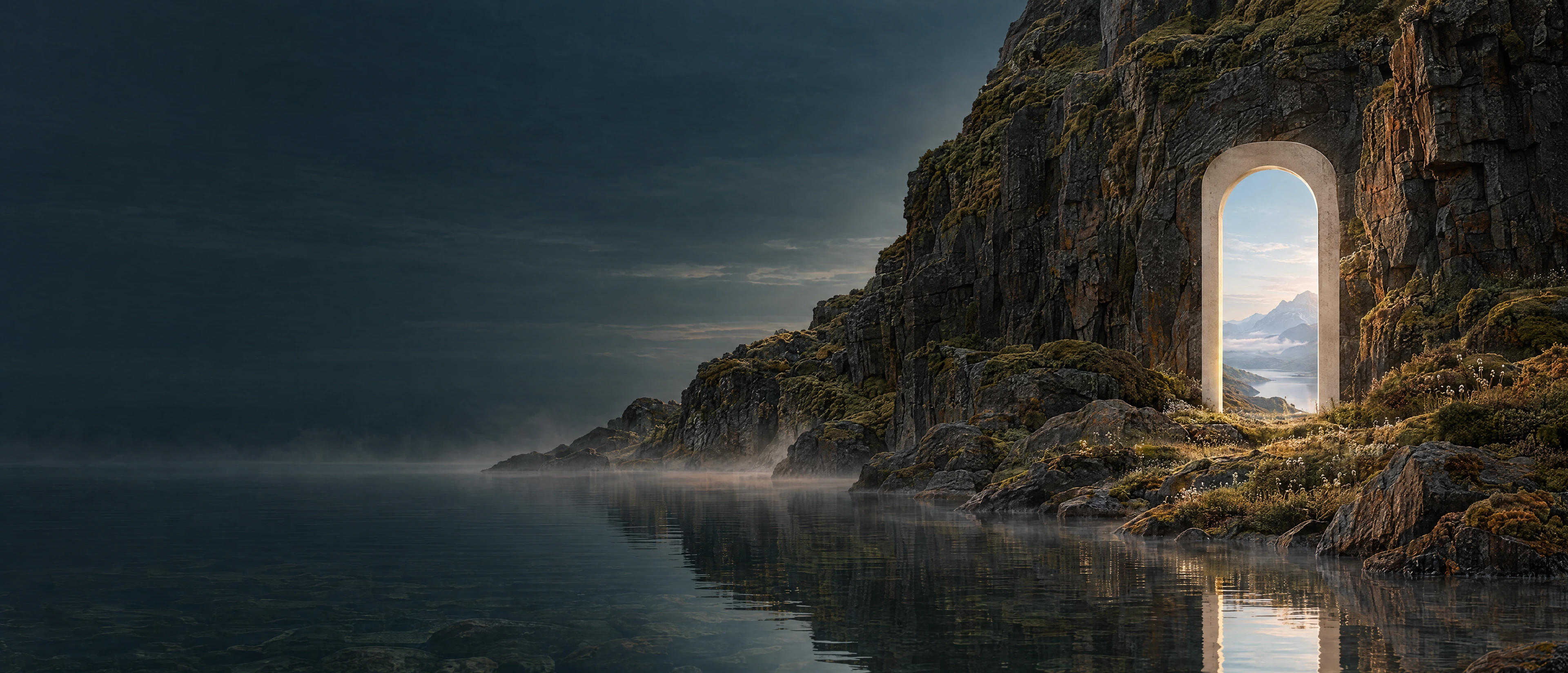 An ivory portal in a mossy basalt cliff opens toward a pale dawn valley.