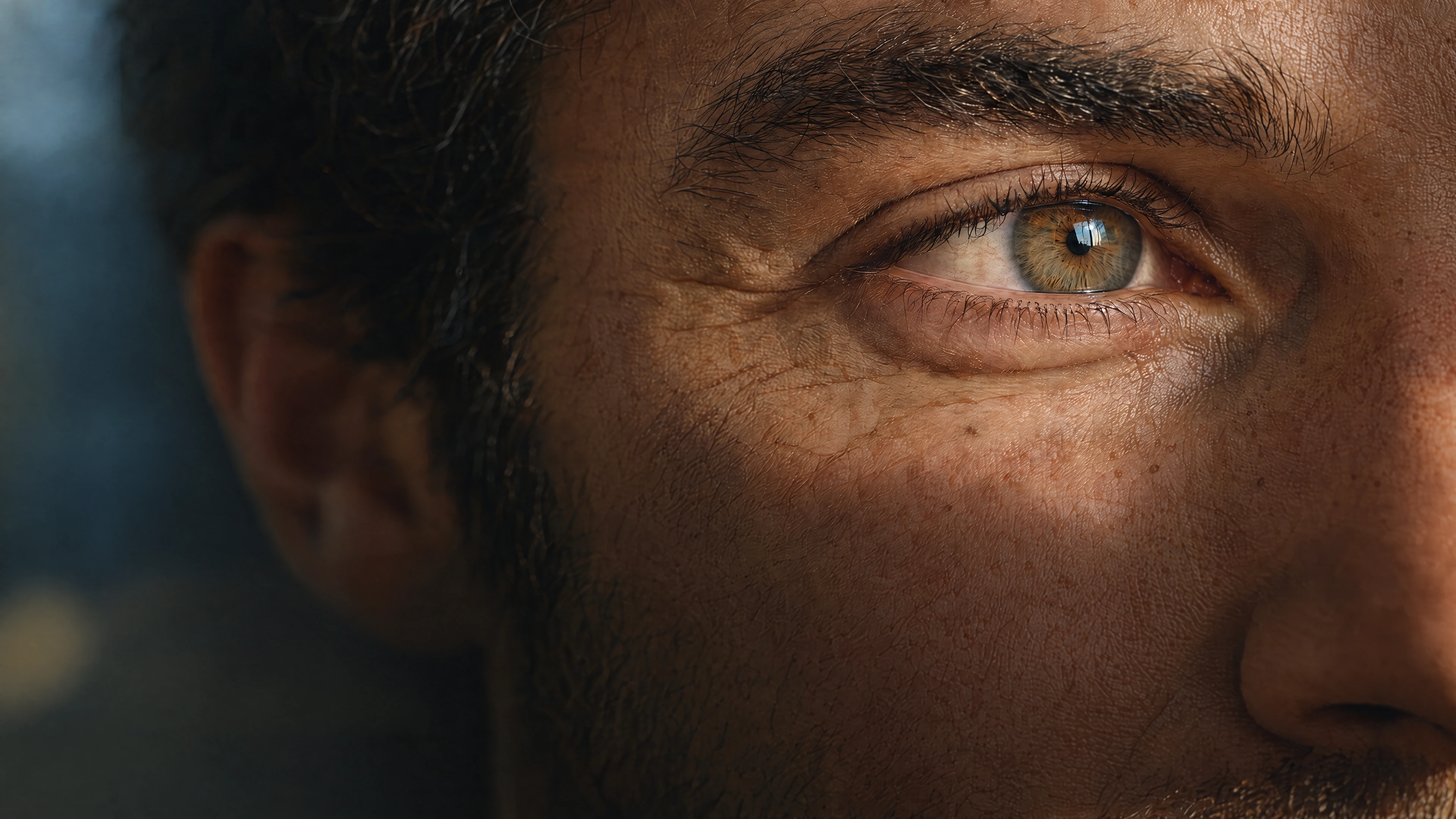 A thoughtful human eye in warm window light.