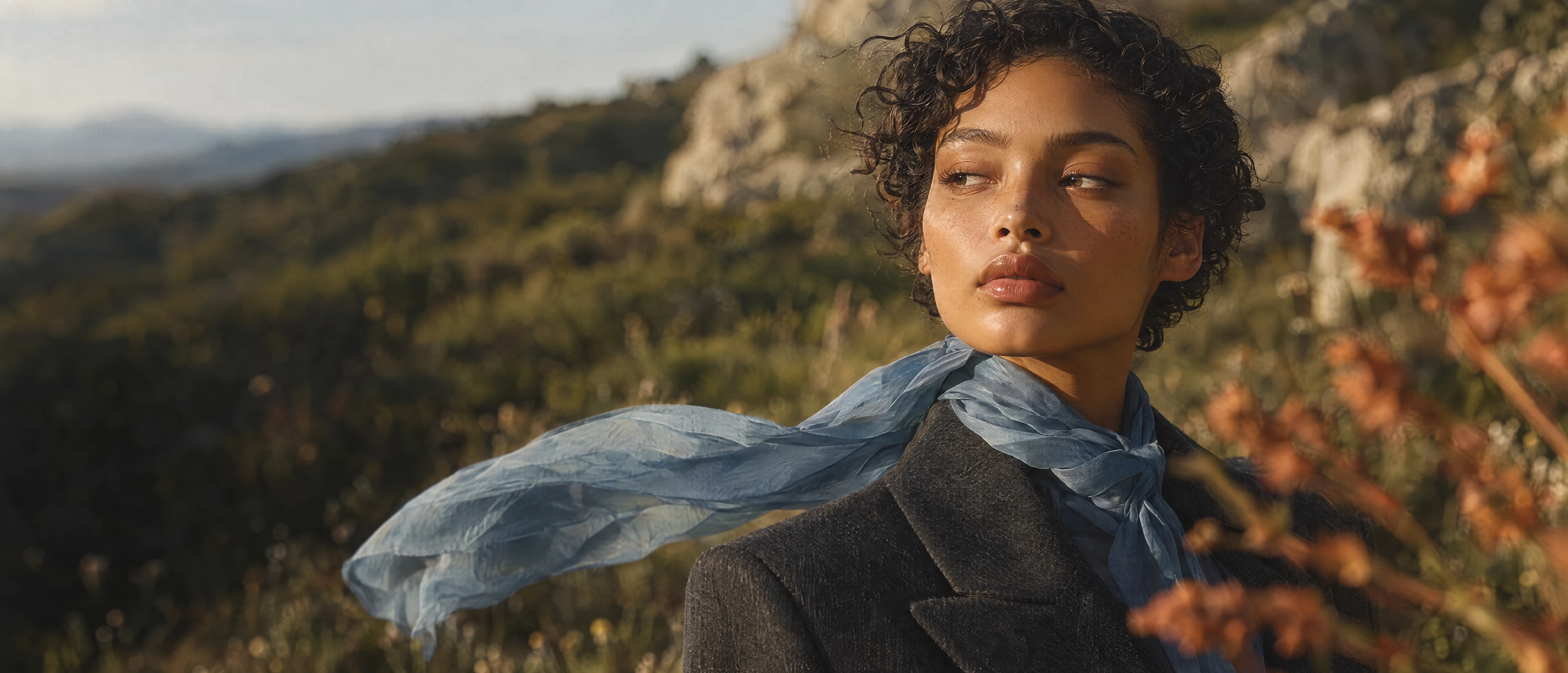 A woman in charcoal tailoring and a blue scarf in a sunlit meadow.