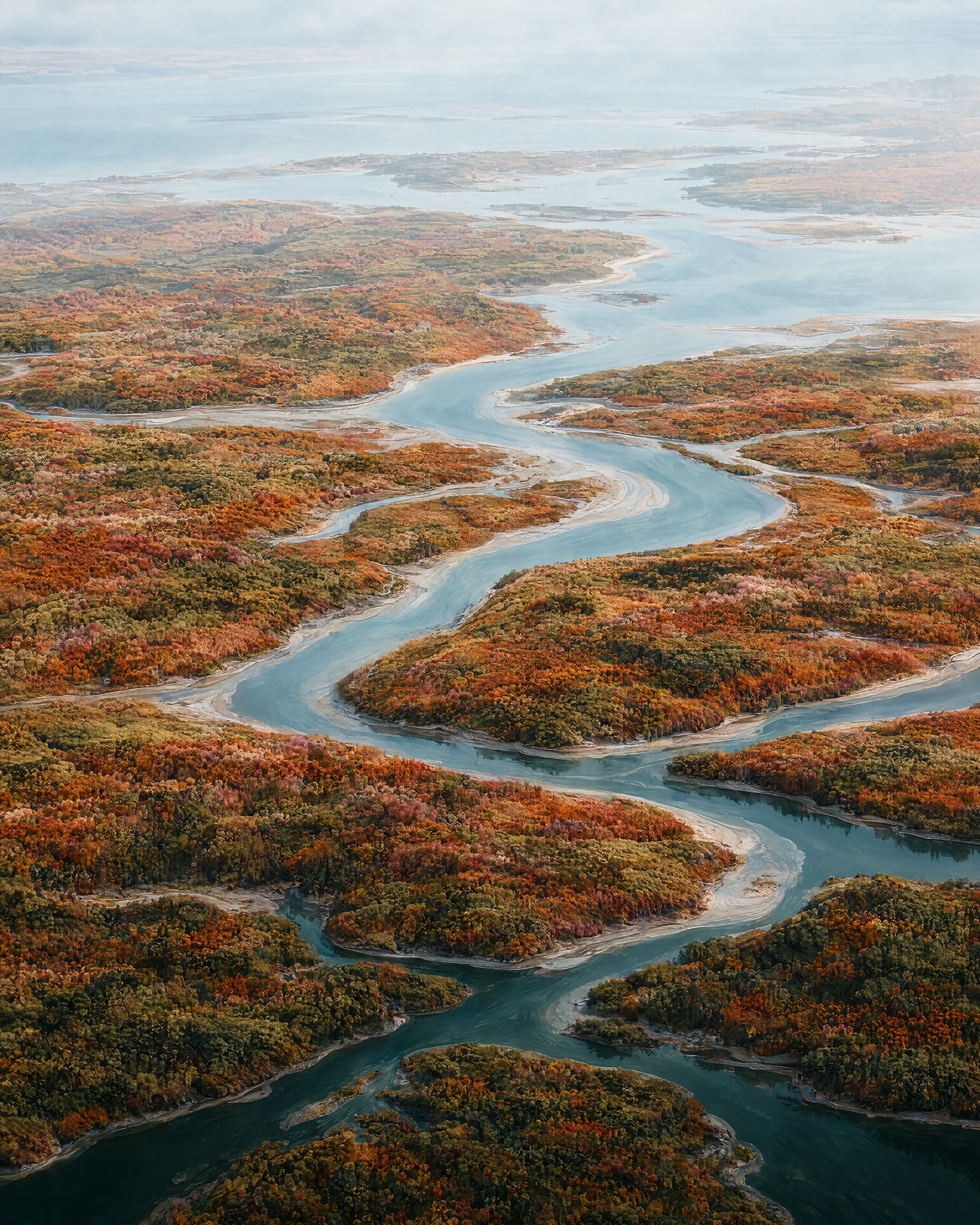 Blue tidal channels branching through copper and olive marshland.