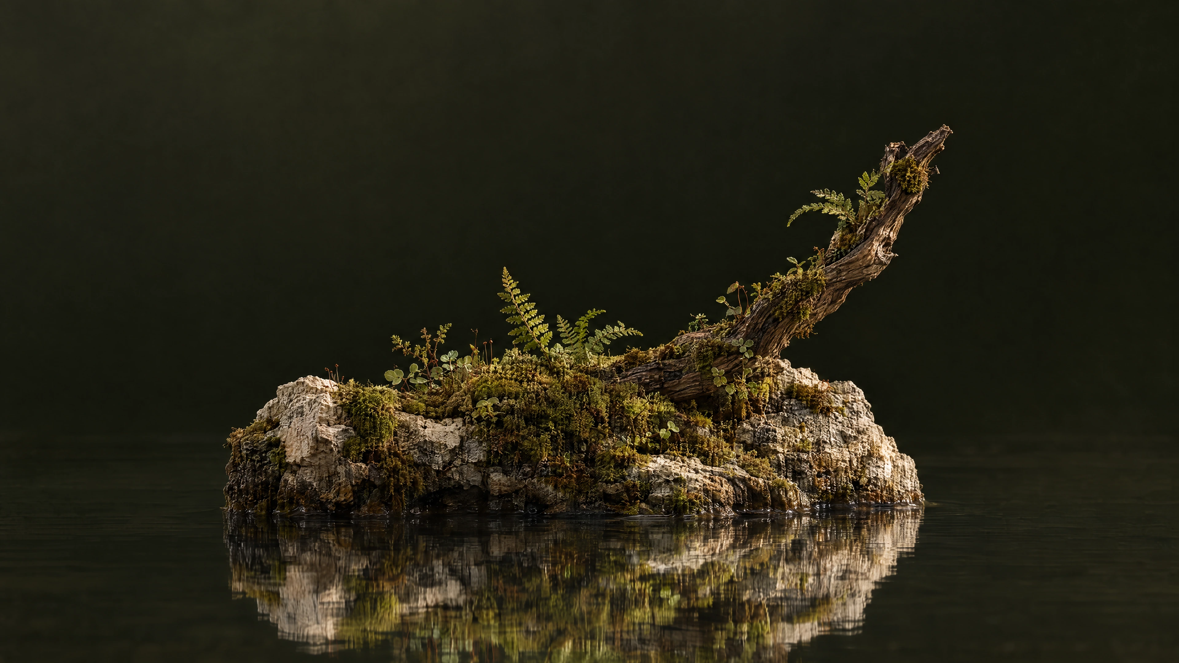 A miniature moss ecosystem on limestone reflected in a still woodland pool.