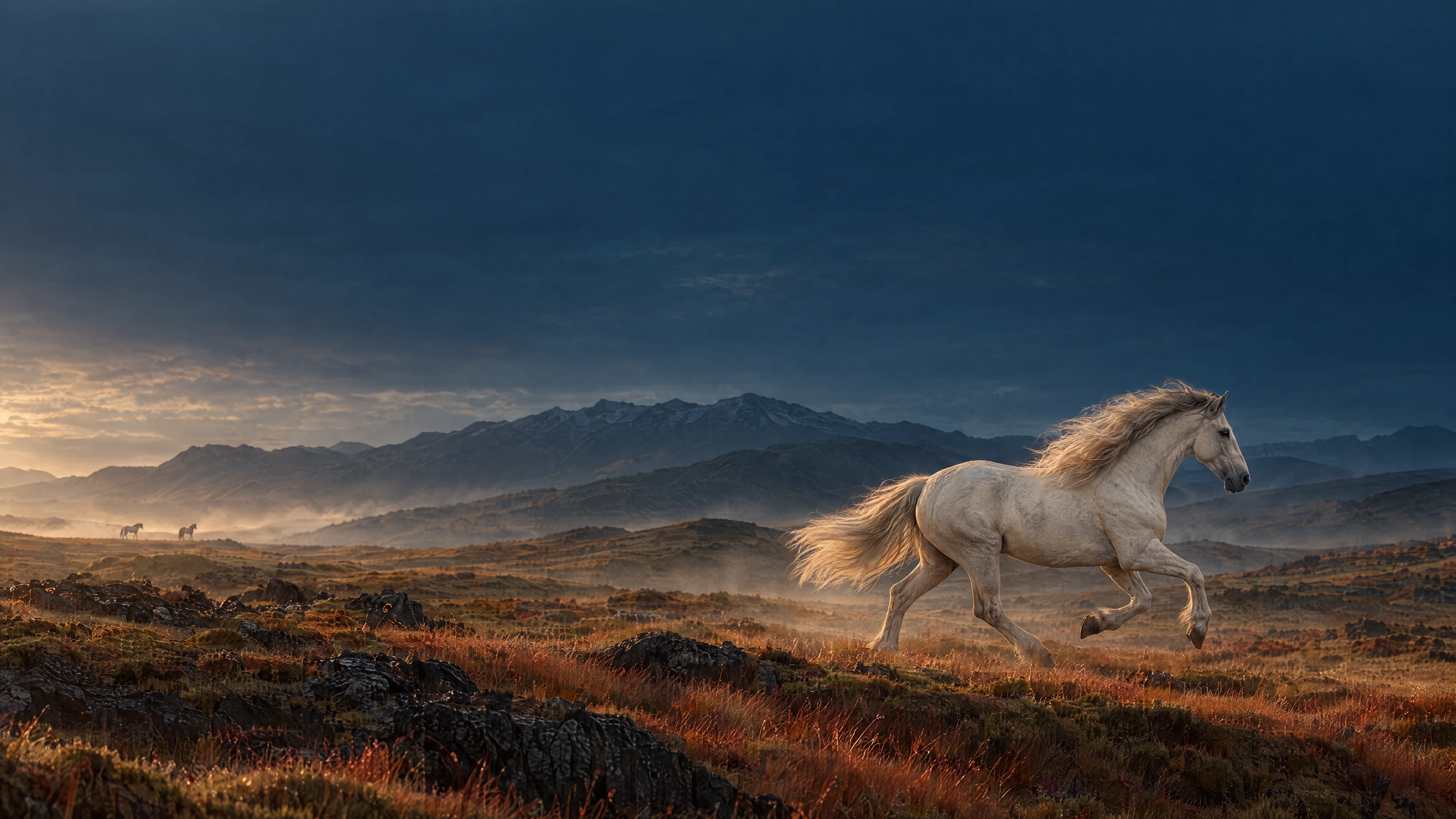 An ash-gray horse cantering through copper grass beneath a mineral-blue sky.