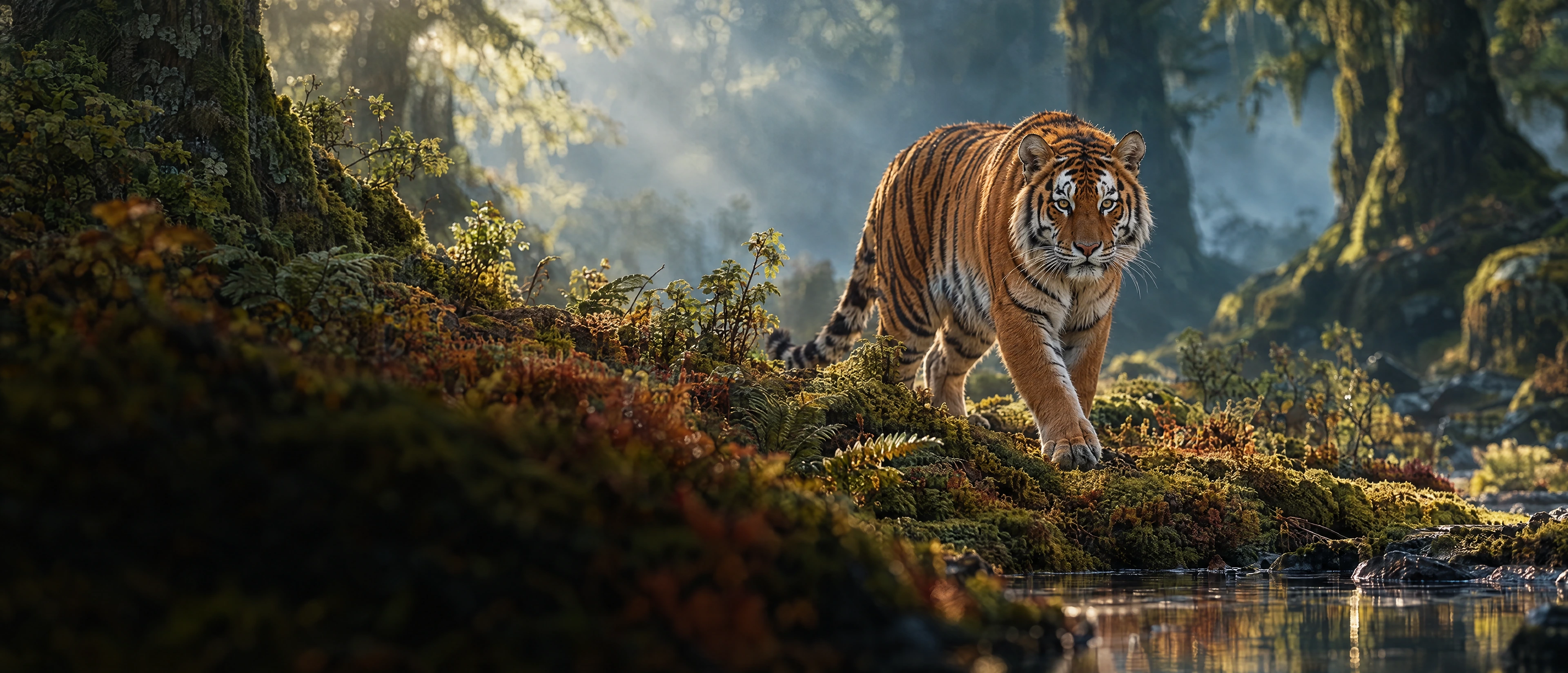 An Amur tiger walking through a mossy forest beside a stream.